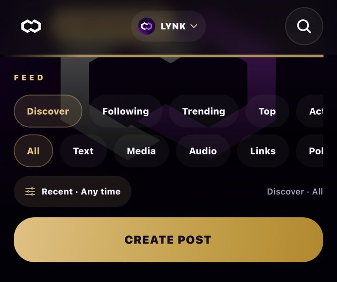 Screenshot of the Lynk social media feed interface with navigation tabs including Discover, Following, Trending, and Top, and a prominent gold 'CREATE POST' button.