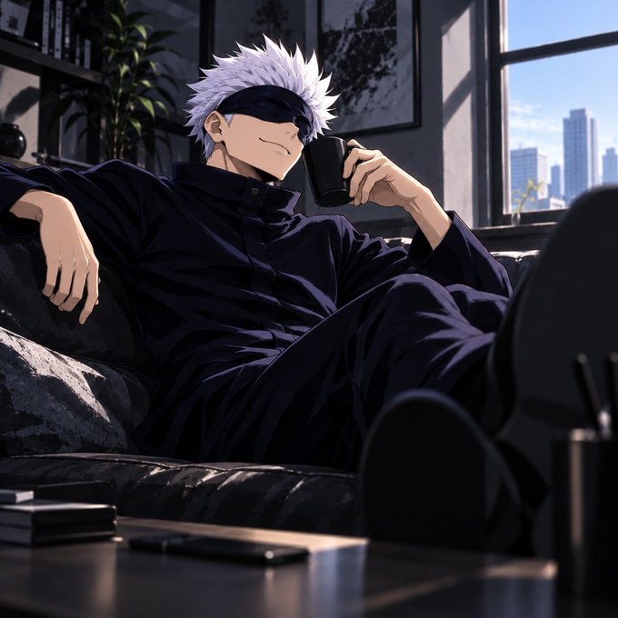 An anime illustration of a character with spiky white hair wearing a black blindfold and dark clothing, lounging on a dark couch while holding a black mug, with a cityscape visible through the window.