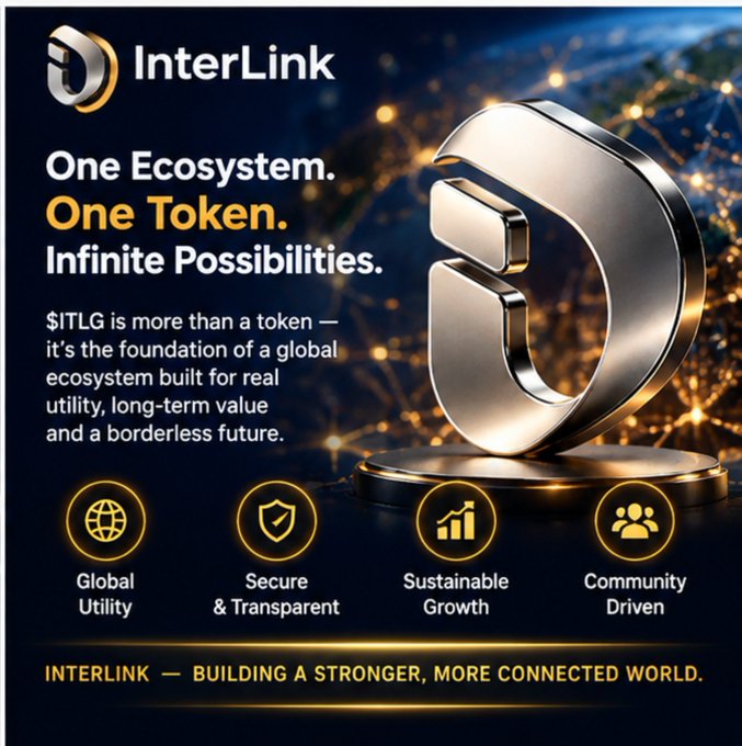 An advertisement for "InterLink" cryptocurrency featuring a metallic logo, with the tagline "One Ecosystem. One Token. Infinite Possibilities." and four features: Global Utility, Secure & Transparent, Sustainable Growth, and Community Driven.