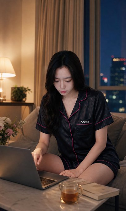 A young woman with long dark hair sits on a sofa working on a laptop, wearing a black silk pajama set with pink piping and a "Gate" logo on the chest, with a tea cup beside her.