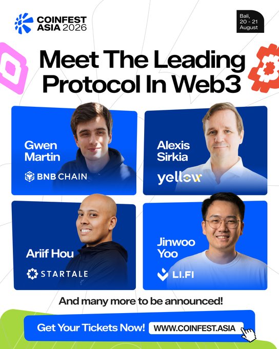 A promotional poster for Coinfest Asia 2026 (Bali, 20-21 August) featuring speakers Gwen Martin (BNB Chain), Alexis Sirkia (Yellow), Arif Hou (Startale), and Jinwoo Yoo (LI.FI).