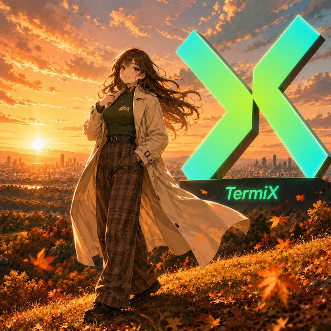 An anime-style illustration of a girl with brown hair standing on a hilltop during sunset, next to a glowing teal 'X' logo with 'TermiX' text.