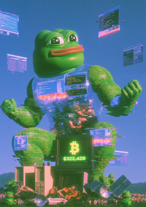 A digital artwork featuring a giant green Pepe the Frog character with its body composed of cascading green code, surrounded by floating computer windows displaying code. The frog stands atop old CRT monitors, with a Bitcoin logo displaying '$322,420' glowing in its chest area.