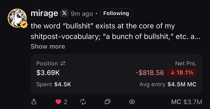 A screenshot of a tweet by user "mirage" displaying portfolio metrics showing a -$818.56 (-18.1%) loss on a position with $4.5K spent and $3.7M market cap, with the post commenting on the token ticker $BULLSHIT with visible engagement of 2 likes.
