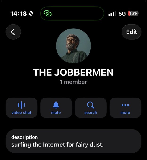 A screenshot of a Telegram community page titled "THE JOBBERMEN" with 1 member, featuring an Edit button, mute/search/more options, and the description "surfing the Internet for fairy dust." The image illustrates the post by showing the newly launched Telegram group that the creator is inviting followers to join for a "$0 to 4/5 figs journey."
