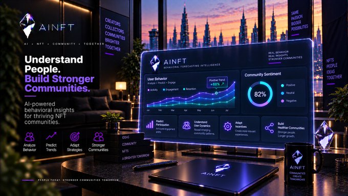 A promotional banner for AINFT with the tagline 'Understand People. Build Stronger Communities,' showcasing AI-powered behavioral insights for NFT communities with charts and statistics on a futuristic display.