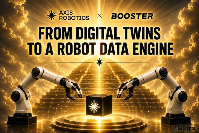 Promotional graphic featuring "AXIS ROBOTICS × BOOSTER" and the headline "FROM DIGITAL TWINS TO A ROBOT DATA ENGINE," depicting two robotic arms flanking a glowing cube on a golden staircase, visually representing the partnership's focus on using simulation to generate robot training data.