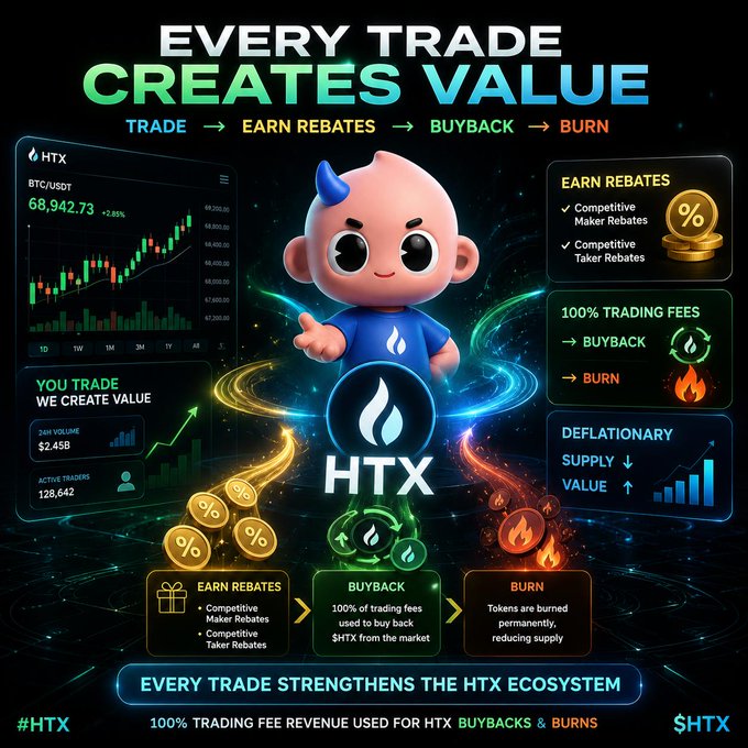 An HTX cryptocurrency promotional graphic titled 'EVERY TRADE CREATES VALUE' featuring 'TRADE → EARN REBATES → BUYBACK → BURN' with a BTC/USDT chart at 68,942.73, showing competitive maker/taker rebates and deflationary supply.