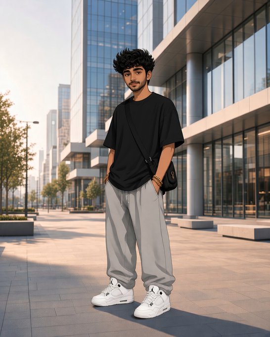 An illustrated anime-style young man with dark curly hair and a goatee stands in an urban plaza, wearing a black oversized t-shirt, gray baggy pants, white sneakers, and a black crossbody bag.