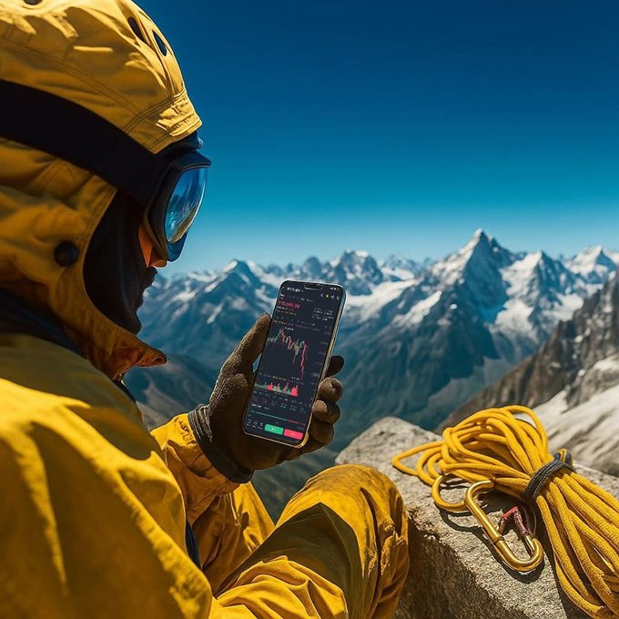 A mountaineer in yellow gear with goggles on a rocky peak, checking a smartphone displaying a stock trading chart, with a coiled yellow climbing rope and carabiner nearby.