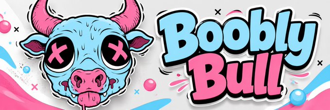 A vibrant, cartoon-style banner image featuring a blue bull with pink horns, X-shaped eyes, and a drooling pink nose, displayed alongside the bold bubble-letter text "Boobly Bull" in blue and pink. The playful, meme-inspired design matches the whimsical branding of the $BOOBLY token banner being added to the Moby platform.