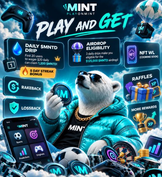 A promotional advertisement for 'PLAYMINT' featuring an anthropomorphic polar bear wearing sunglasses and a jacket, holding an 'M' token, surrounded by gaming and crypto reward features like 'DAILY $MNTD DRIP', 'AIRDROP ELIGIBILITY', 'RAFFLES', and 'RAKEBACK'.