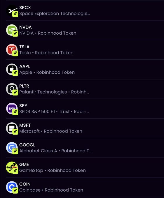 A Robinhood app listing of tokenized stocks including SPCX (SpaceX), NVDA (NVIDIA), TSLA (Tesla), AAPL (Apple), PLTR (Palantir), SPY (SPDR S&P 500), MSFT (Microsoft), GOOGL (Alphabet), GME (GameStop), and COIN (Coinbase).