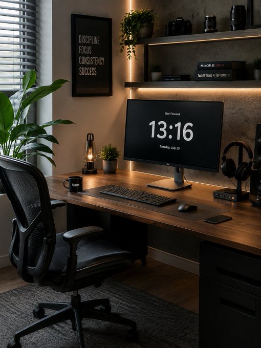 A dimly lit, focused home office workspace features a computer monitor displaying "13:16" on a "Stay Focused" screensaver, alongside a framed wall poster listing "DISCIPLINE, FOCUS, CONSISTENCY, SUCCESS." The disciplined, data-driven setup visually reinforces the post's message about WINkLink providing the reliable, consistent oracle infrastructure needed for Web3's future on TRON.