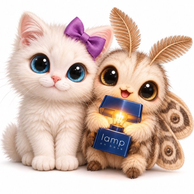 Two adorable fluffy creatures, a white kitten with a purple bow and a moth-like character, sit together with the moth holding a small 'lamp on base' lantern.