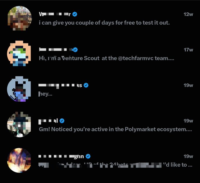 A screenshot of Twitter/X direct messages showing several crypto/web3 project pitches, including messages from accounts offering free trials, a Venture Scout at @techfarmvc, and someone referencing the Polymarket ecosystem.