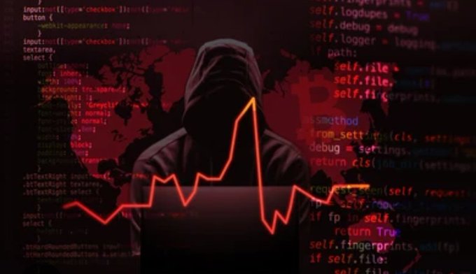 A dark, dramatic illustration of a hooded figure silhouetted against a world map and code background, with a red heartbeat-style line chart across the front.