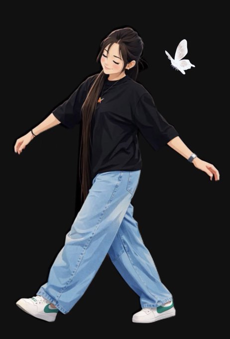 A young woman with long dark hair walks peacefully with closed eyes, wearing a black top and light blue baggy jeans with white sneakers, accompanied by a small white bird flying beside her. The serene, carefree pose mirrors the tranquil "goodnight" message, evoking a sense of peaceful rest before tomorrow.