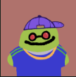 A pixel-art image shows a green frog-like character with a wide smile, red glasses, and a backwards blue cap, wearing a blue shirt. The character appears to be the mascot for the NFT project referenced in the post, which discusses the Wrapped Toad ($wTOAD) collection and shares the poster's own NFT piece from the series.