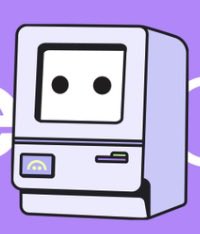 A cartoon-style illustration of a retro desktop computer with a smiling face on its monitor against a purple background with white curved lines.
