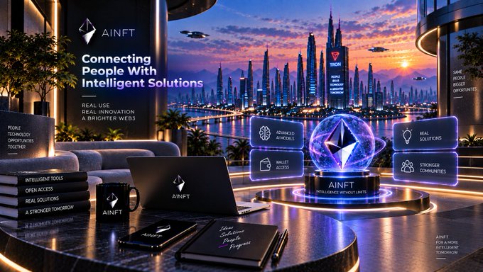 An AI-generated promotional image for 'AINFT' featuring the text 'Connecting People With Intelligent Solutions' alongside an Ethereum logo and futuristic cityscape.