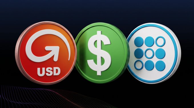 Three stylized coins representing stablecoins sit against a dark background: a red coin labeled "USD" with a circular arrow logo, a green coin featuring a dollar sign ($), and a white coin with a blue dot pattern symbolizing digital currency networks. The image visually represents the concept of unifying multiple digital dollar tokens (like MGUSD, FIDD, PYUSD, and USDC mentioned in the caption) under a single shared liquidity layer.