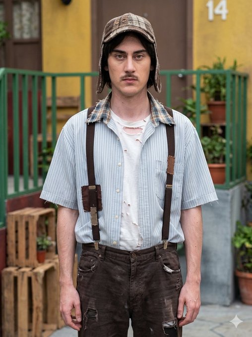 A man wearing a camouflage trapper hat, a distressed striped short-sleeve shirt, brown suspenders, and dark distressed pants, standing outdoors in front of a yellow building marked '14'.