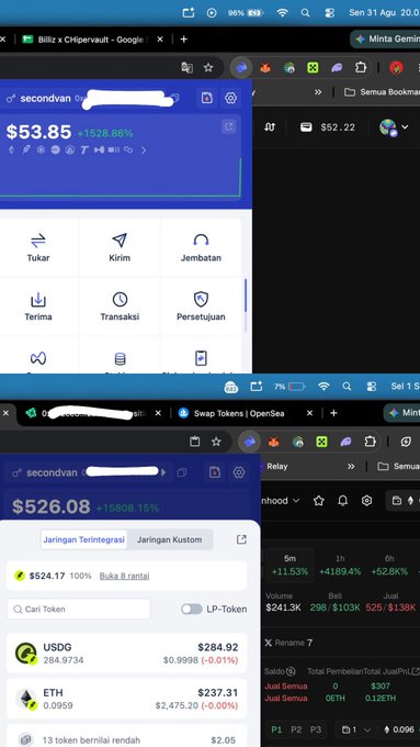 Two screenshots show cryptocurrency wallet balances in Indonesian Rupiah (secondvan account): the top shows $53.85 (+1528.86%) and the bottom shows $526.08 (+15608.15%), along with token listings including USDG at $284.92 and ETH at $2,475.20.