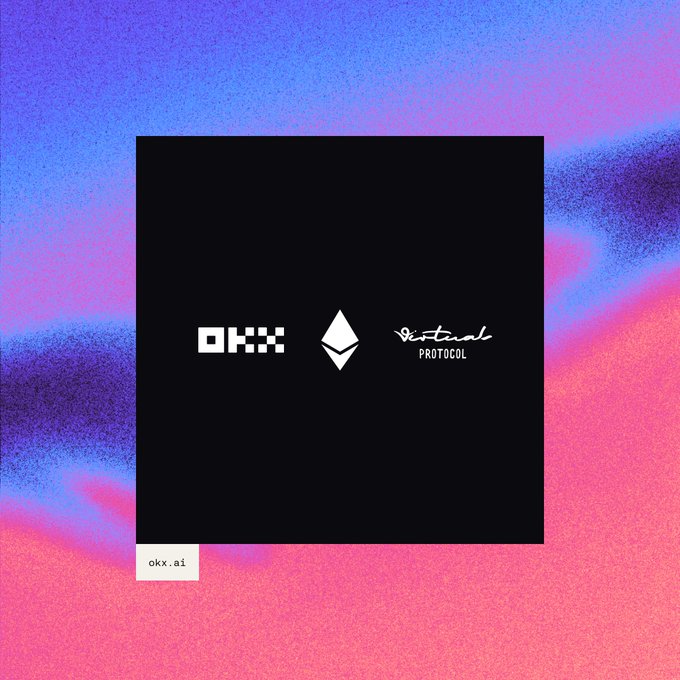 A graphic featuring the logos of OKX, Ethereum, and Virtuals Protocol on a black square against a vibrant pink, purple, and blue gradient background, with the text "okx.ai" in the corner. The image illustrates the collaboration mentioned in the post, highlighting OKX AI's task layer built on the ERC-8183 standard co-authored by OKX, Virtuals, and the Ethereum Foundation's dAI Team.