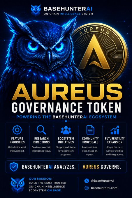 The image features a poster for an AUREUS Governance token, which is being promoted by BaseHunter AI. The poster includes a blue owl as its central design element, symbolizing wisdom or knowledge. Below the owl, there are descriptions of various features that make the governance token unique and valuable to users. These include ecosystem decisions, community initiatives, future utility development, and intelligence analysis capabilities. The post also mentions that the AUREUS Governance token is powered by BaseHunter AI, which further emphasizes its potential value in the market.