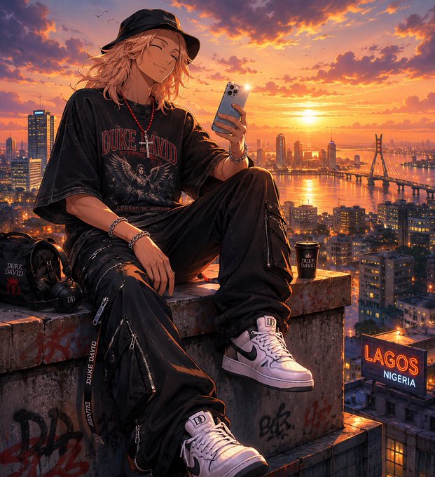 An anime-style illustration of a blonde character sitting on a rooftop overlooking Lagos, Nigeria at sunset, wearing a black "DUKE DAVID" graphic tee, black pants, white sneakers, and a black cap while checking a smartphone.