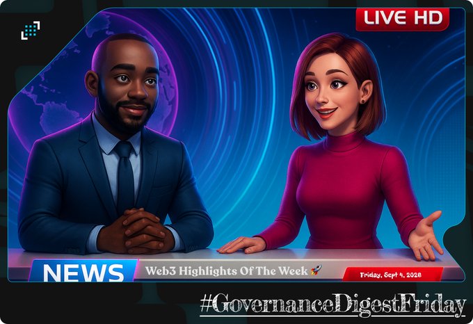 A digital illustration of two news anchors at a desk with a blue glowing background, labeled 'NEWS Web3 Highlights Of The Week' and dated 'Friday, Sept 4, 2026' with the hashtag '#GovernanceDigestFriday'.