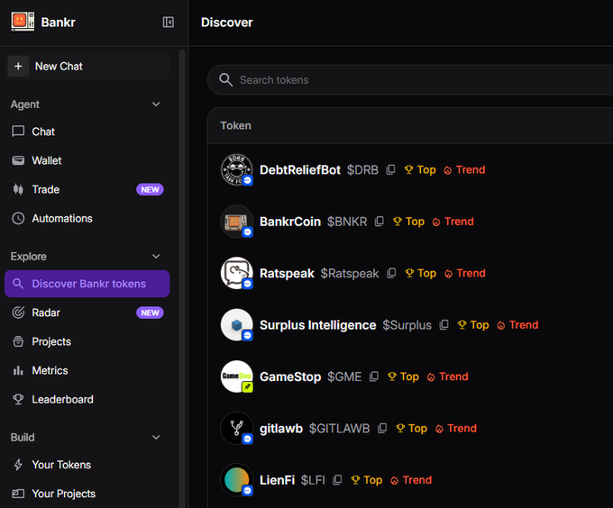 A screenshot of the Bankr crypto platform's Discover page, showing trending tokens including DebtReliefBot ($DRB), BankrCoin ($BNKR), Ratspeak ($Ratspeak), Surplus Intelligence ($Surplus), GameStop ($GME), gitlawb ($GITLAWB), and LienFi ($LFI).