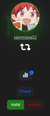 A dark profile interface showing a user 'sammisea52' with an anime avatar, featuring a bar chart icon and buttons labeled 'Check', 'Valid', and 'Invalid'.