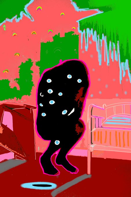 A surreal digital painting depicting a black blob-like figure covered in eyes, standing in a vibrant pink and green room with a crib and a chair.