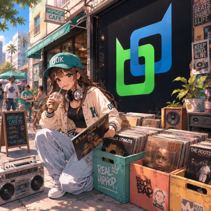 Anime-style illustration of a girl in a 'DOK' cap and headphones drinking coffee outside a 'HipHop Cafe', with crates of vinyl records labeled 'REAL HIPHOP' and 'BOOM BAP' nearby.