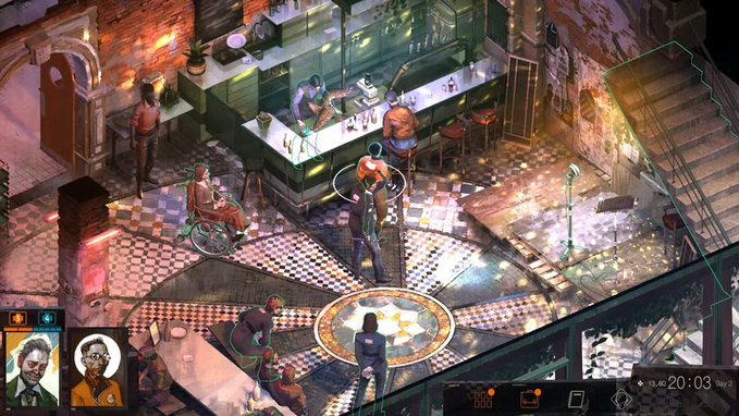 An isometric video game screenshot depicts a richly decorated bar/diner interior with checkered floors, characters including someone in a wheelchair and others gathered around the bar and a central table. UI elements show character portraits in the bottom-left and '20:03 Day 3' in the bottom-right.