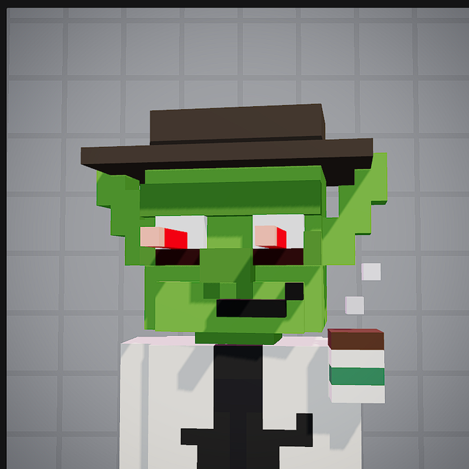 A 3D voxel-style rendering of a green-skinned character with red eyes wearing a brown fedora and white lab coat against a grey tiled background.