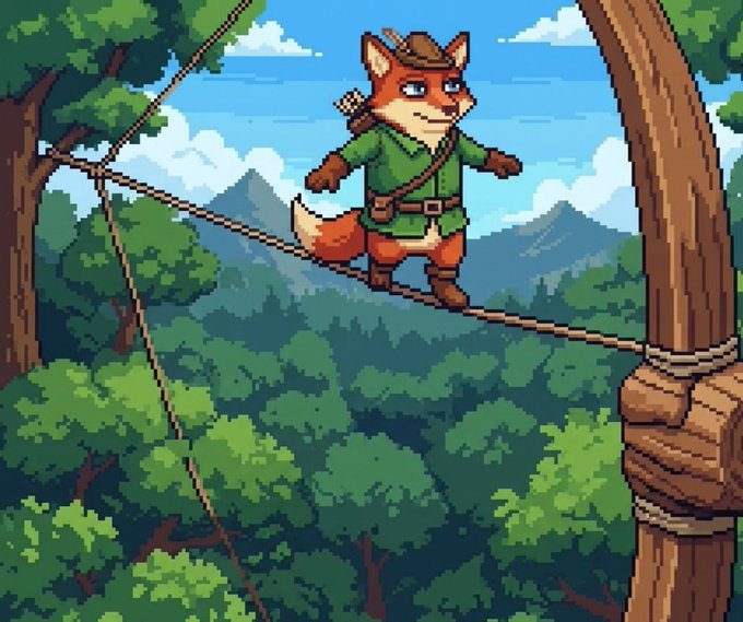 Pixel art illustration of a fox character dressed as Robin Hood in a green tunic and feathered cap, balancing on a rope strung between trees with mountains and forest in the background.