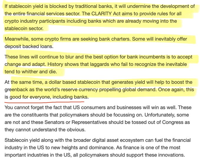 The image shows a screenshot of text arguing that dollar-based stablecoin yields benefit everyone, including banks, by boosting the US dollar's reserve currency status, with a Peppa Pig plush toy (wearing a red shirt) lying in clear plastic packaging next to the text on a wooden surface. The highlighted red-underlined statement "this is good for everyone, including banks" directly supports the post's claim, while the unrelated Peppa Pig plush adds an ironic or humorous juxtaposition to the policy discussion.