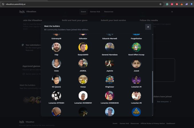 The Vibathon platform interface showing a 'Meet the builders' modal with 80 community builders who have joined the edition, displaying profile pictures and usernames.