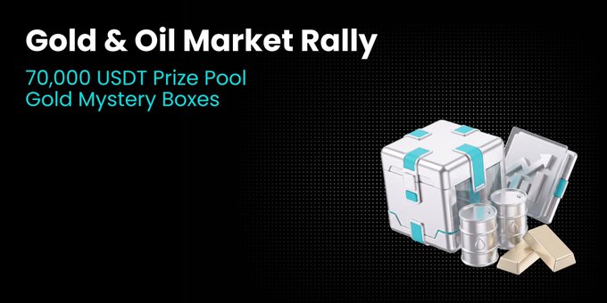 Promotional banner for a "Gold & Oil Market Rally" campaign offering a 70,000 USDT prize pool and gold mystery boxes, featuring illustrations of silver gift boxes, oil barrels, and gold bars that tie into the metals and commodities futures trading event running from July 23-30.