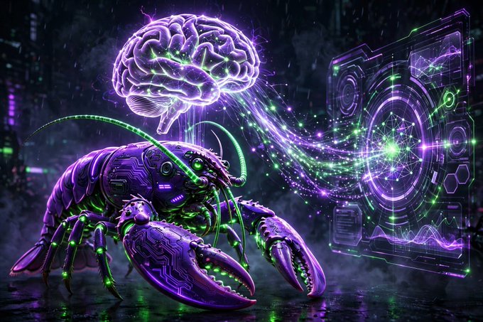 A vibrant cyberpunk-style digital artwork showing a purple robotic lobster connected by glowing green neural streams to a brain and holographic data interface panels.