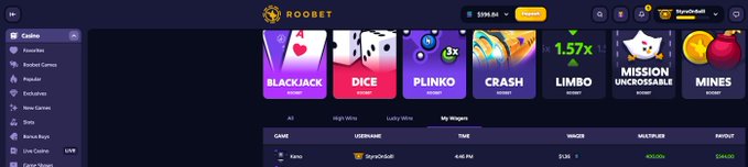 The image shows the Roobet casino website homepage, featuring a dark interface with navigation tabs on the left (including Casino, Roulette, Product Games, Popular, and Live Games) and a row of colorful game tiles such as Blackjack, Dice, Plinko, Crash, Limbo, Mission Uncrossable, and Mines. The top-right displays a balance of "$394.84" alongside the user "StyxKickGab," matching the post's reference to Roobet winnings and the username drop requested for the giveaway.