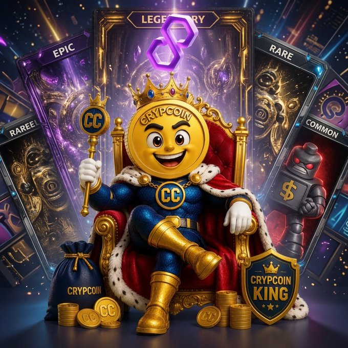 A cartoon gold "CRYPCOIN" character wearing a crown and royal robe sits on a throne, holding a scepter marked "CC" and a shield labeled "CRYPTCOIN KING," surrounded by trading cards ranked "LEGENDARY," "EPIC," "RARE," and "COMMON" with stacks of "CC" coins and a "CRYPCOIN" money bag. The image visually represents the post's tier-ranking theme, positioning the CRYPCOIN King as the ultimate legendary tier above common, rare, and epic collectible cards.