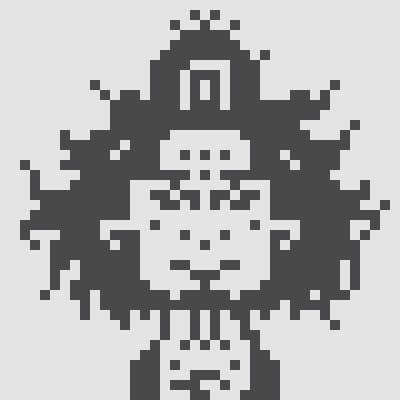 A dark pixel-art icon depicting a horned, crowned figure with a skeletal, armored appearance against a white background.