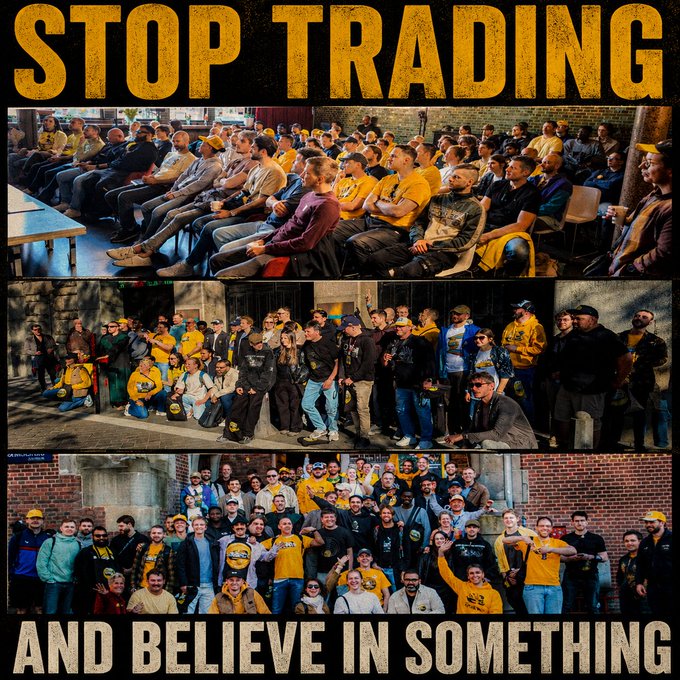 A meme features three photos of people wearing yellow and black with bold text reading "STOP TRADING AND BELIEVE IN SOMETHING," parodying the famous Nike Kaepernick ad.