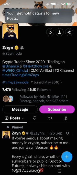A screenshot of a social media profile for 'Zayn @Zaynnode', described as a 'Crypto Trader Since 2020', with a pinned post advertising crypto signals and '109% Accuracy'.
