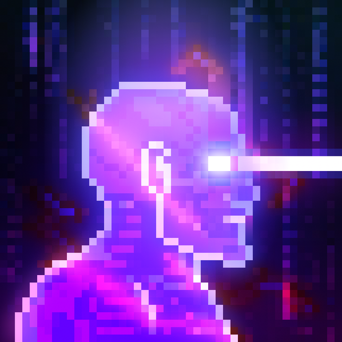 A pixelated neon portrait of a hooded figure illuminated in pink and purple with a bright light beam shining across the frame.