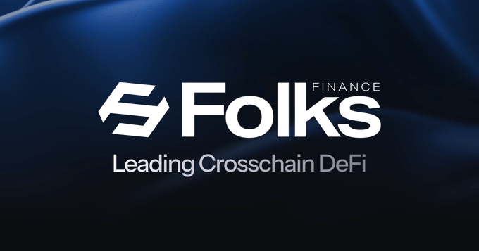 A logo graphic on a dark blue background displays 'Folks FINANCE' with a geometric symbol and the tagline 'Leading Crosschain DeFi'.